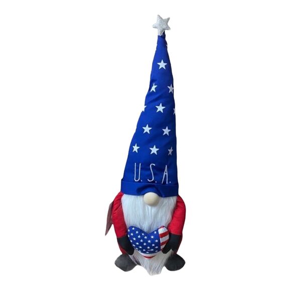 RAE DUNN Fourth of July USA GNOME holding FLAG HEART 4th America Stars Stripes